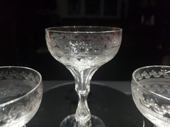 (3) Wine Cocktail Glasses crystal cut bubble stems needle etched Clover leaf