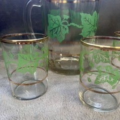 VTG Hazel Atlas Pitcher & Tumbler Set Green Ivy Gold Detail MCM