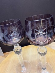 2 Bohemian Amethyst Cut to Clear Crystal Wine Glasses / Goblets – 8.5″ Tall