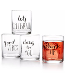 NEW ~ THE CELLAR ~ DOUBLE OLD-FASHIONED «FUN WORDS» GLASS SET OF 4 ~ 14.5 Oz.