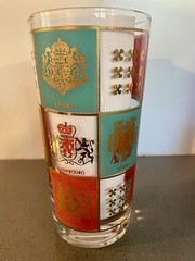 MCM Fred Press Highball Glasses Coat of Arms, Turquoise, Pink and Gold, Set of 2