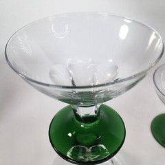 Six MCM Clear Tulip Etched Crystal Bowls W/Green Base Champagne Martini Glasses