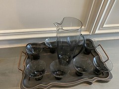 RARE Vintage Morgantown Normandie Smoke Glass Martini Pitcher & 8 Glass Set