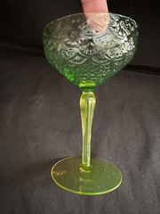 PUKEBERG GREEN VASELINE TOPAZ TURKEY TRACKS ROYAL FAN COCKTAIL CHAMPAGNE GLASS