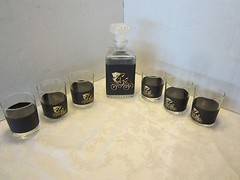 Vintage MCM Bar glass Whiskey tumblers decanter set 7 Pc w/ vinyl cozies 1960’s