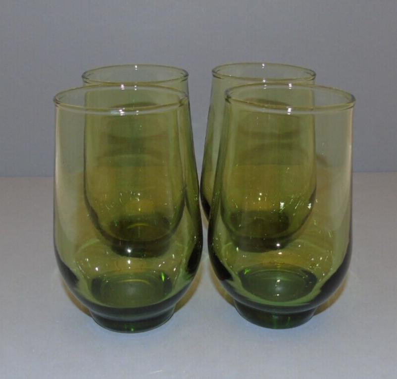 Vtg. Libbey Glass Tempo Avocado Green Barware 10 oz. Tumblers 4 1/2″ Set of 4