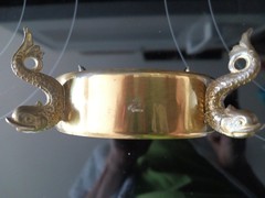 Vtg.Clear Glass Nautical Etched Intaglio Clipper Ship W/ 4 Legged Brass Stand