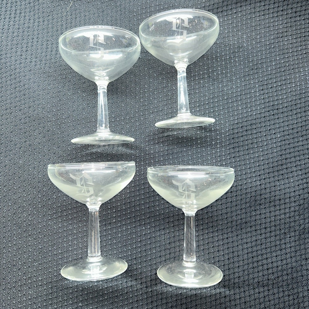 4 Vintage 1950’s Stemed Champagne Coupes With Etched “S” 5”. EUC