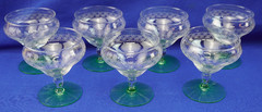 UNK473 Needle-Etched Clear with Green Base Tiffin? (7) Sherbet, 3 5/8″ (S11)