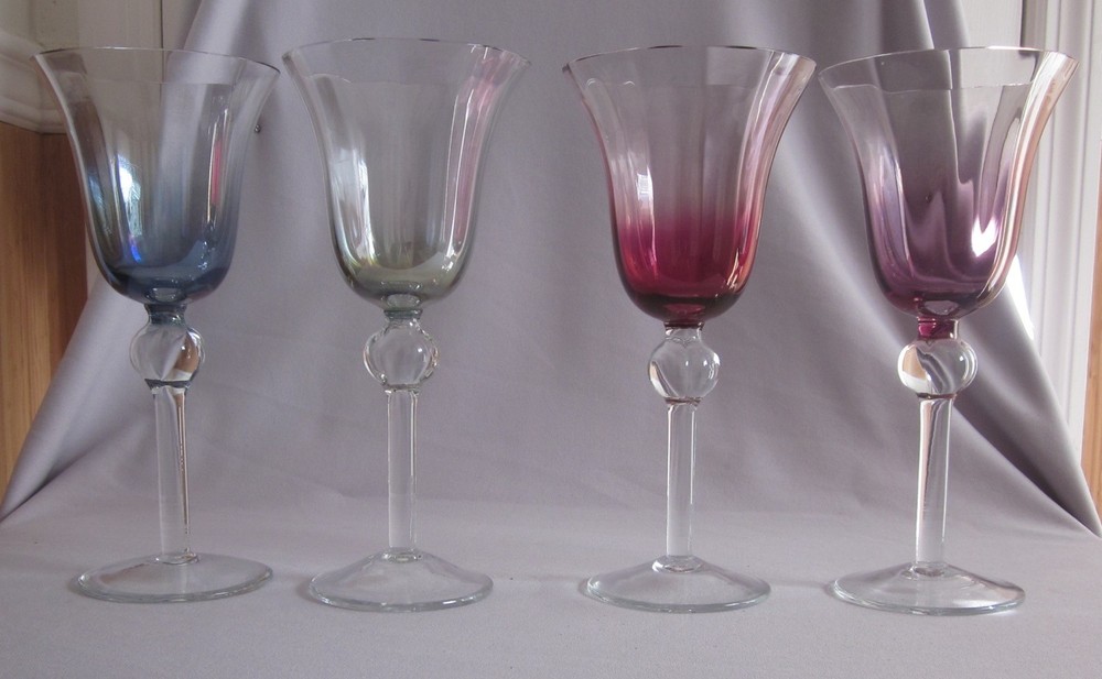 Set of 4 Water Wine Glasses Crystal Clear Industries 9″ Purple Red Green Blue