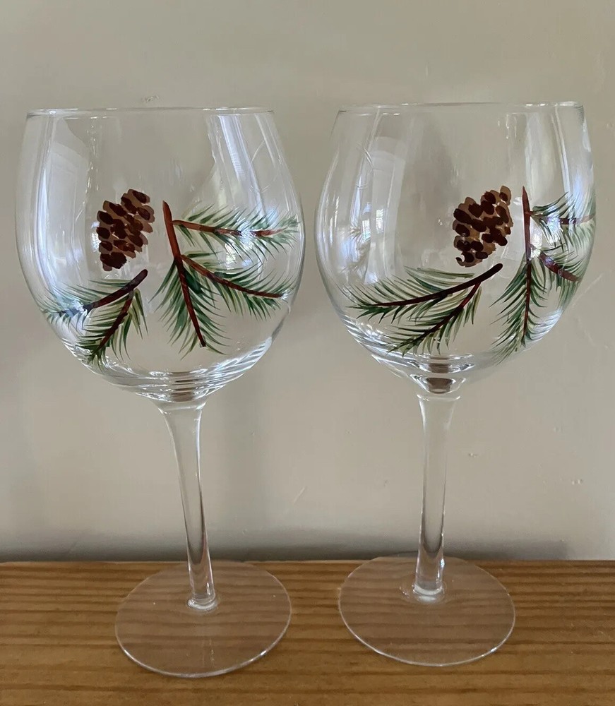 Hand Painted Pine Cones Branches Holiday Wine Glasses 8.5” Set 2 NWOT Lovely!