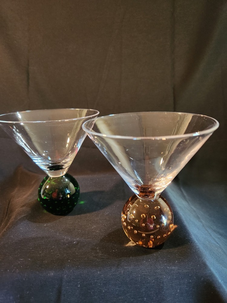 Set/2 MCM Mid-Century Vintage 5″ Martini Glasses Colorful Ball Stem Bubble Base