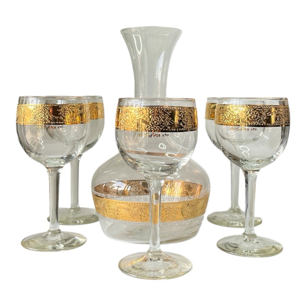 Vintage Culvers Ltd Tyrol 22K Gold Decanter 5 Wine Glasses Made in USA 1960s