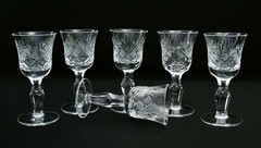 (6) BOHEMIAN CUT CRYSTAL 5 1/8″ CORDIAL / WINE / LIQUOR GOBLETS FACETED STEMS