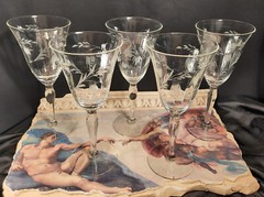 5 Vintage Trumpet Optic Rib Water/Wine Glasses Goblets w/Pendant Floral Cut