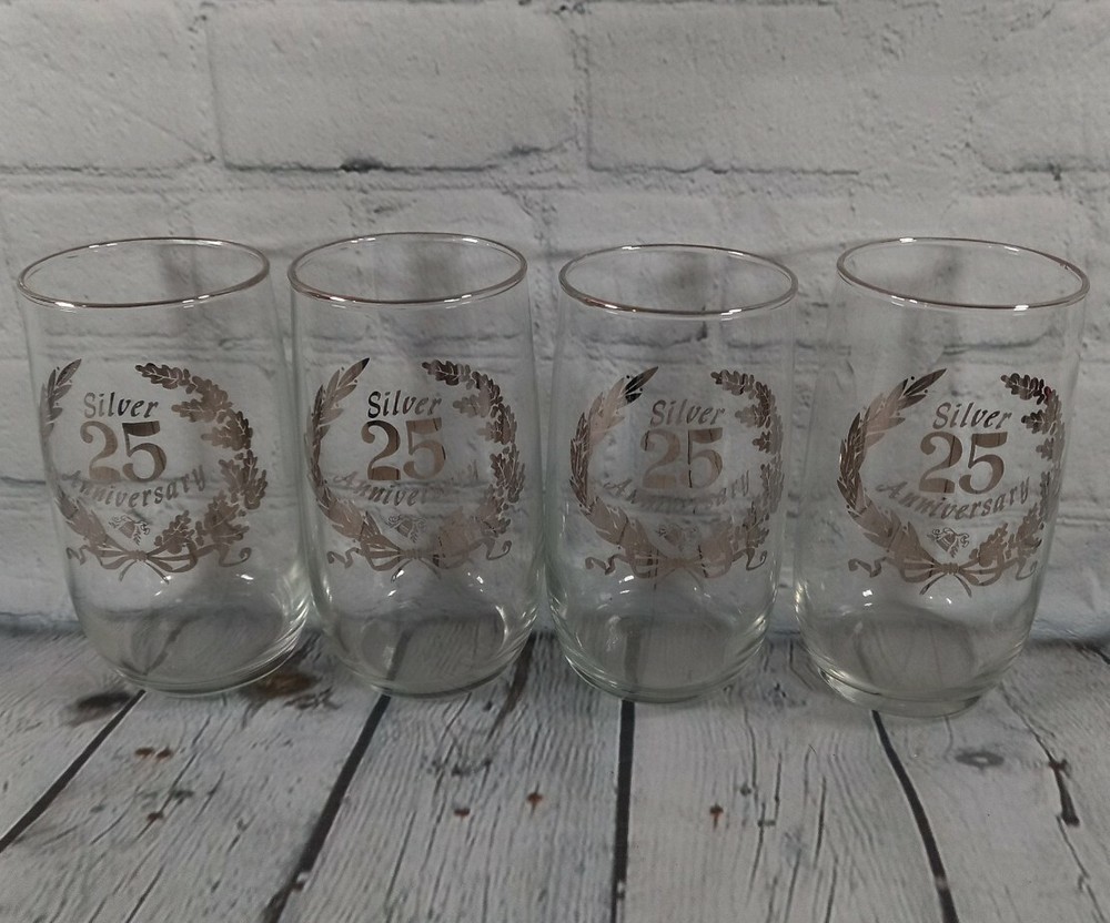 Vintage 4 Glass Tumbler Gift Set 25th Silver Anniversary West Virginia Glass Co