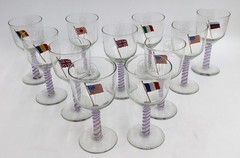 11 English Air Twist Wine Glasses 19th Century Enameled WWI Allied Flags