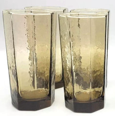 Set 4 LIBBEY FACETS TAWNY BROWN Textured OCTAGON PANEL GLASS 12 oz TUMBLERS 5.5″