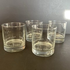 VTG Fisher-Price Toy Co Clear Etched Glass Drink Glasses 4 Pc Whiskey Glass 1987