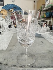 Set of 6 Cut Glass Stemmed Water Goblets 7” Fan Diamond Pattern 8 oz