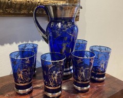Gorgeous vintage Venetian or Murano-style cobalt blue lemonade/water set- Italy