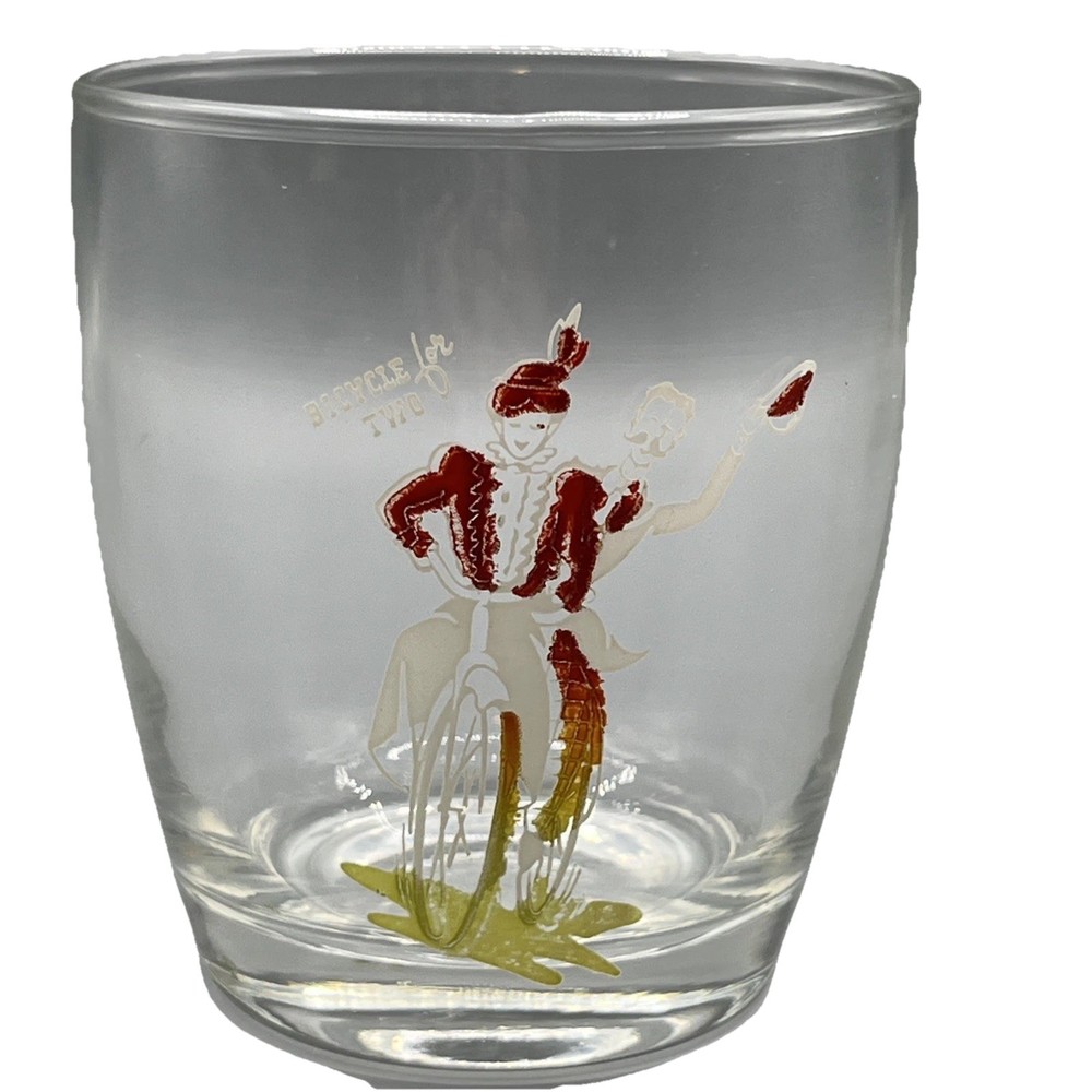 Vintage Barware Rocks Glass ‘Bicycle For Two’ Gay 90’s Low Ball Replacement
