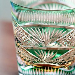 Japanese Style Edo Kiriko Drinkware Hand Cut To Amber Green Whiskey Glass 11oz
