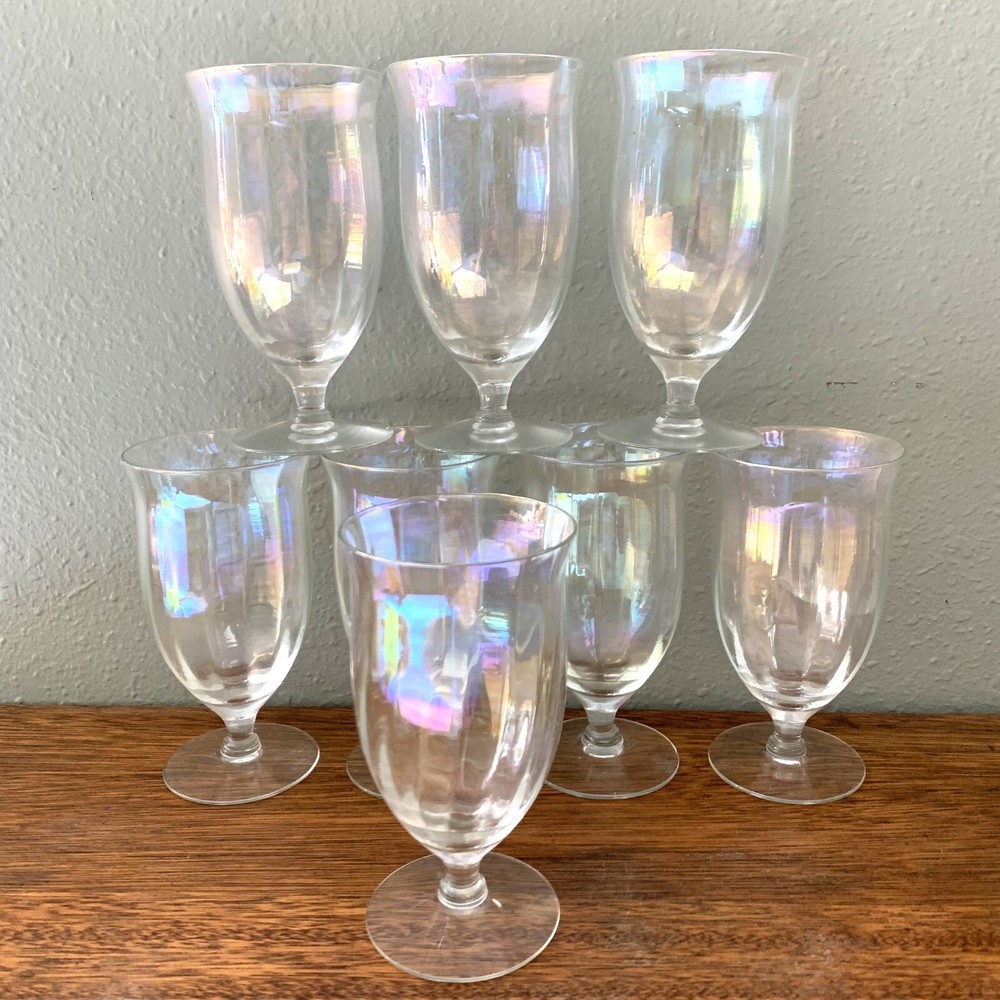 8 Vintage Iridescent Rainbow Optic Panel Stemmed Tulip Wine Glasses Goblets 6”