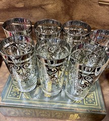(7) Vintage Kimiko MCM Silver Knight Crest Highball Glass Set Of 7 Bar Water