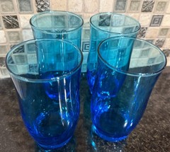 4 Vtg ANCHOR HOCKING Turquoise FLAIR Electric BLUE Laser TUMBLERS Glasses SET