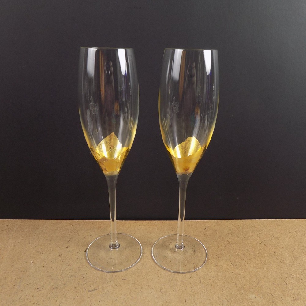 2 Signed Art Glass Champagne Flutes Glasses Gold Leaf Bowl 9.75″ Tall VGC
