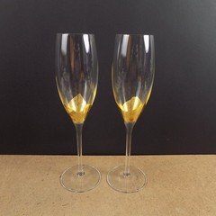 2 Signed Art Glass Champagne Flutes Glasses Gold Leaf Bowl 9.75″ Tall VGC