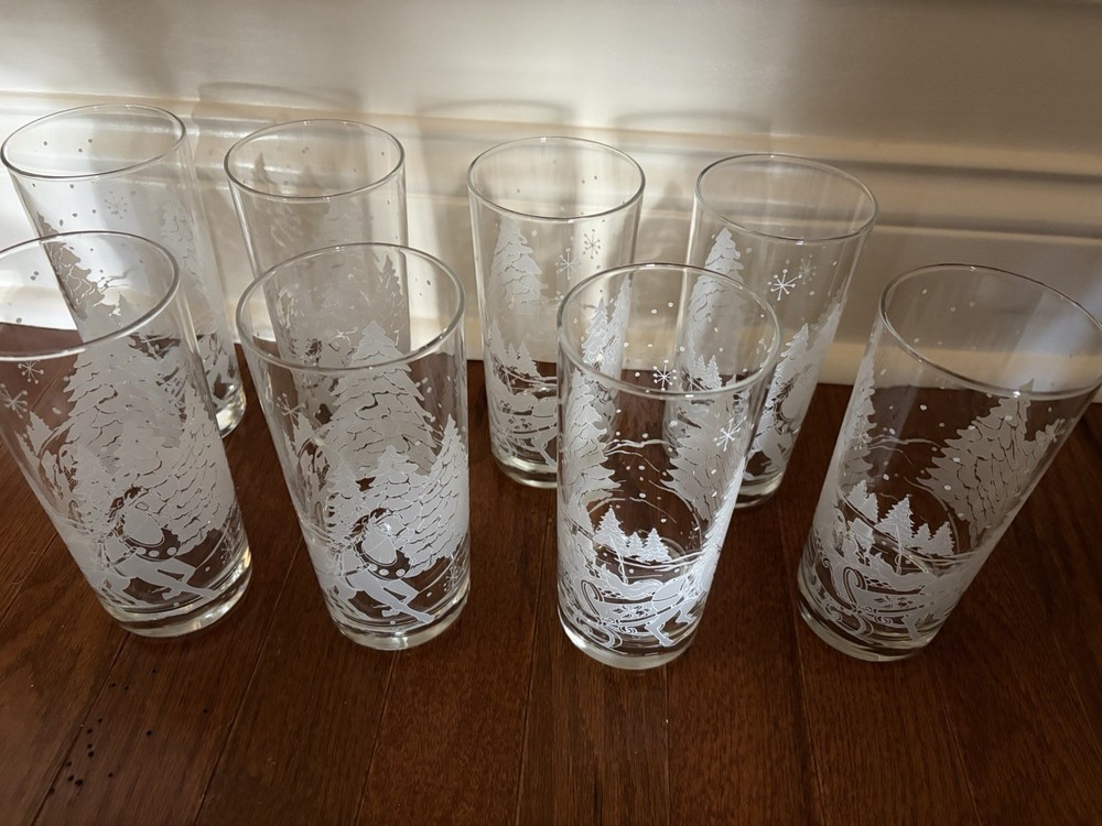 Libbey Frosted Pine Trees Drinking Glasses. Set Of 8