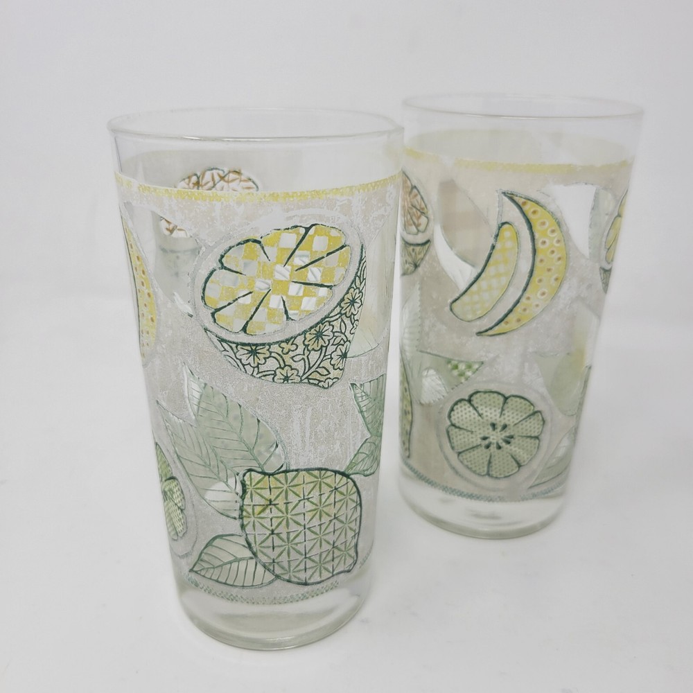 2 Libbey Vintage 1970s Lemon Lime Citrus Graphic Glasses Tumblers EUC Lot Of 2