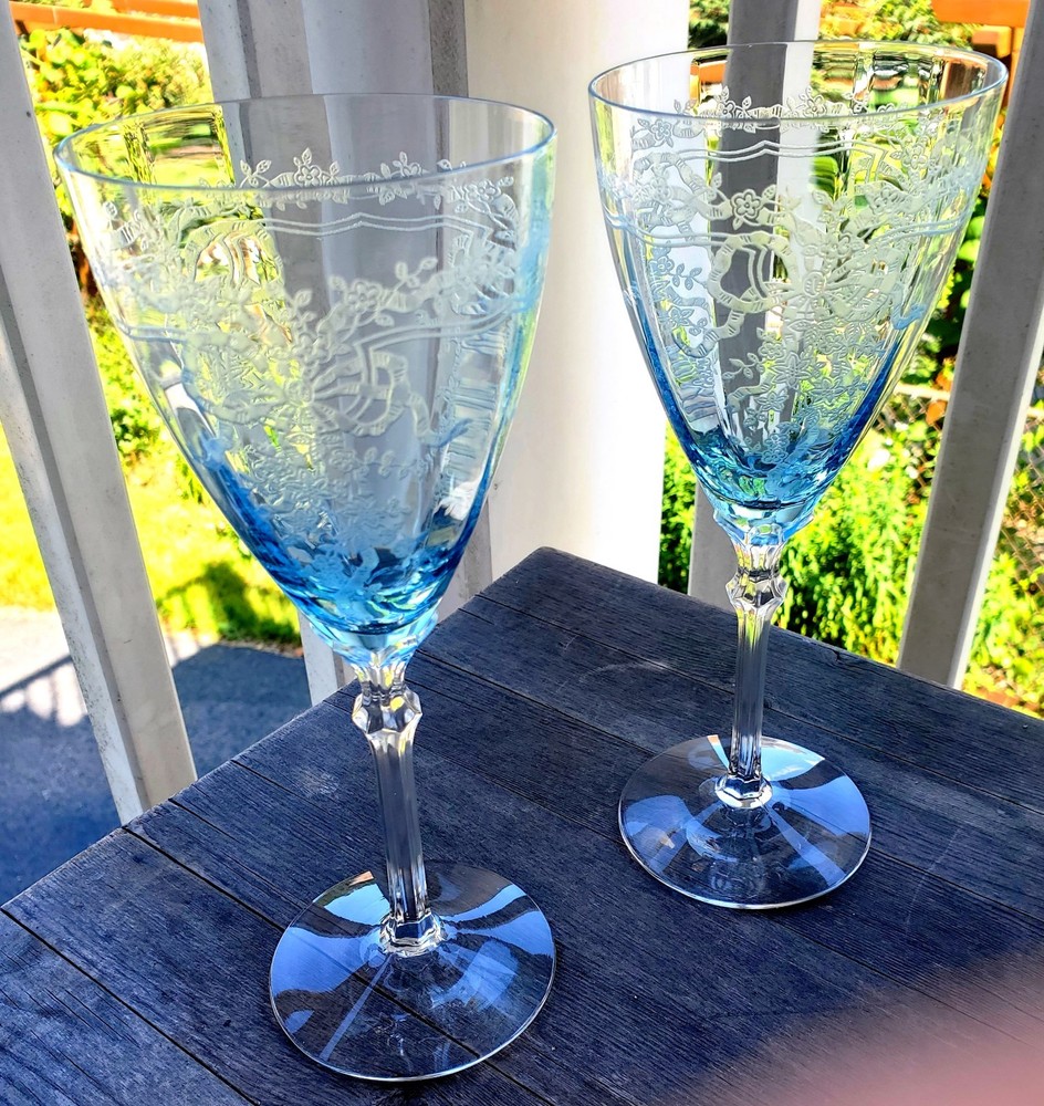 Pair of Fostoria Etched June Azure Blue 8.25″ Wine / Water Glasses