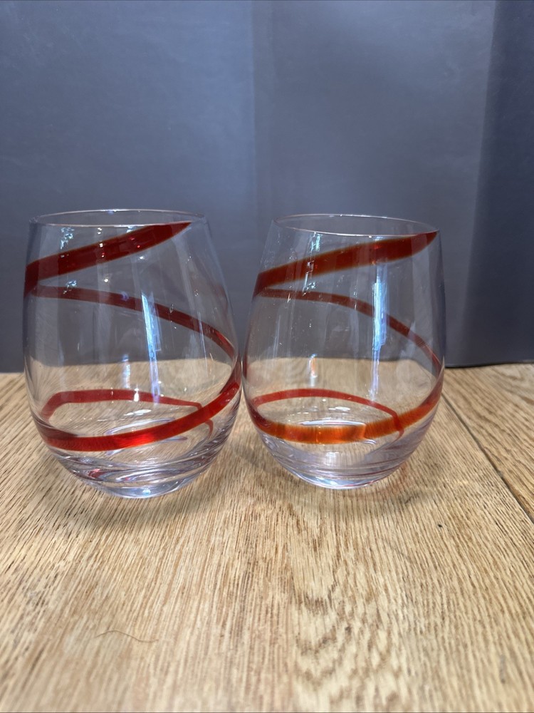 Set Of 2 Pier 1 Red Swirl Line Swirline Stemless Wine Glasses 4.75″ Tall 16oz