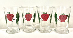 Strawberry Juice Glasses Set Of 4 Hand Painted Hand Blown Vintage 6 oz 3.5” T