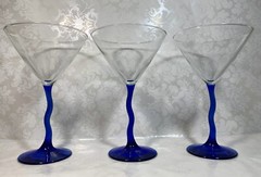 Set of 3 Libbey Courbe Martini Glasses Blue Zig Zag Stem Clear Bowl