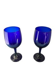 Set of 2 Vintage Libbey Cobalt Blue Drinking Wine Water Goblets Glasses 7 1/8”