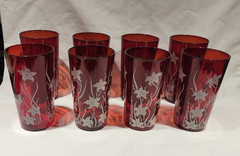 8 Anchor Hocking Royal Ruby Red Glasses Tumblers W/ Tiger Lily Flowers 5″ Vtg