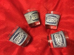 Currier & Ives Blue and White Old Fashioned Carriage Set of 4—6 oz. 3 1/4″ tall