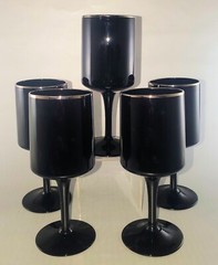5 Lenox VENTURE Black Glass WINE GOBLETS, Platinum Rim, 1975-1982 Dramatic Style