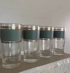 HiBall GlassMCM Set Of 4 TST Heritage Celadon Olive Green Gold Stripes Barware