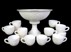 McKee Glass Co. Concord Milk Glass 12pc 13 1/8″ Pedestal Punch Bowl & Cups 1930-