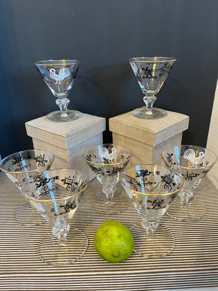 Libbey Gold Rim Weathervane Rooster Clear Martini Glass 50’s – Price Each