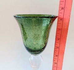 ARTLAND Green Hand Blown Glass Wine Water Goblets Bubbled In Glass Clear Stem