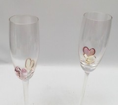 Set/2 Ion Tamaian Pink Hearts Valentines Champagne Flutes Art Glasses Hand Blown