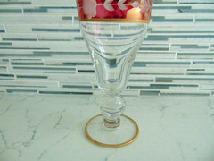 Vintage Clear Glass Cranberry Flash Etched Flowers Gold Tone Trim Cordial Glass