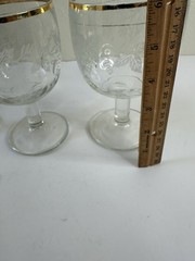 Set of 3 Vintage Bartlett Collins Grape Leaf Etched Glass Goblet Gold Rim