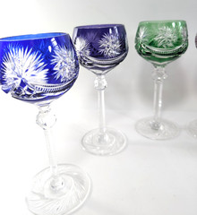 Set of 6 – Bohemian Overlay Cut-to-Clear Crystal Wine Goblets Jewel Tones